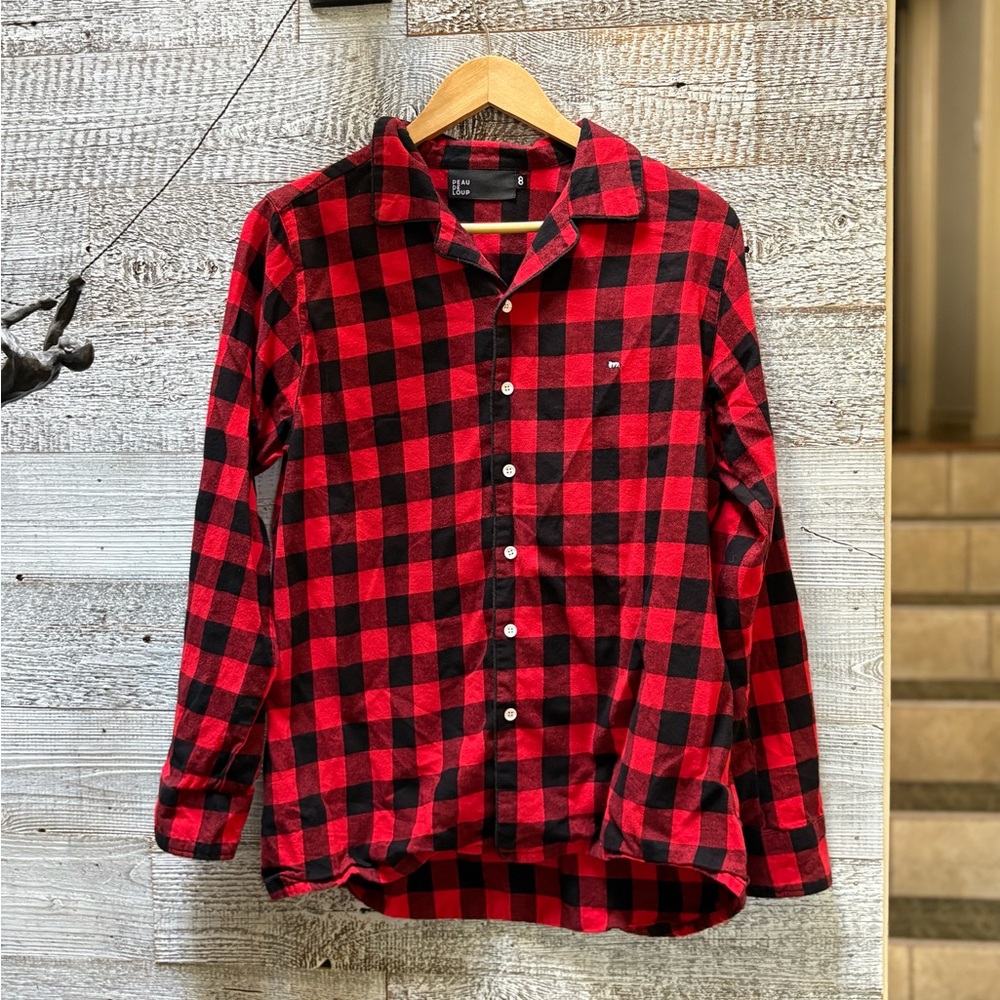 🏷 Peau De Loup | Flannel Check Button-Down Shirt - 8, Red/Black
